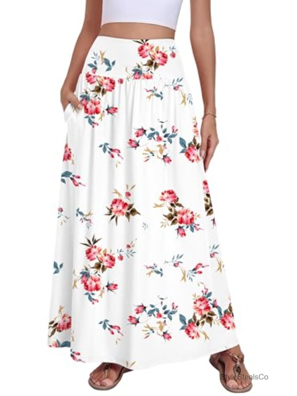 Womens Maxi Skirt A-Line High Waist Flowy Long Skirt with Pockets